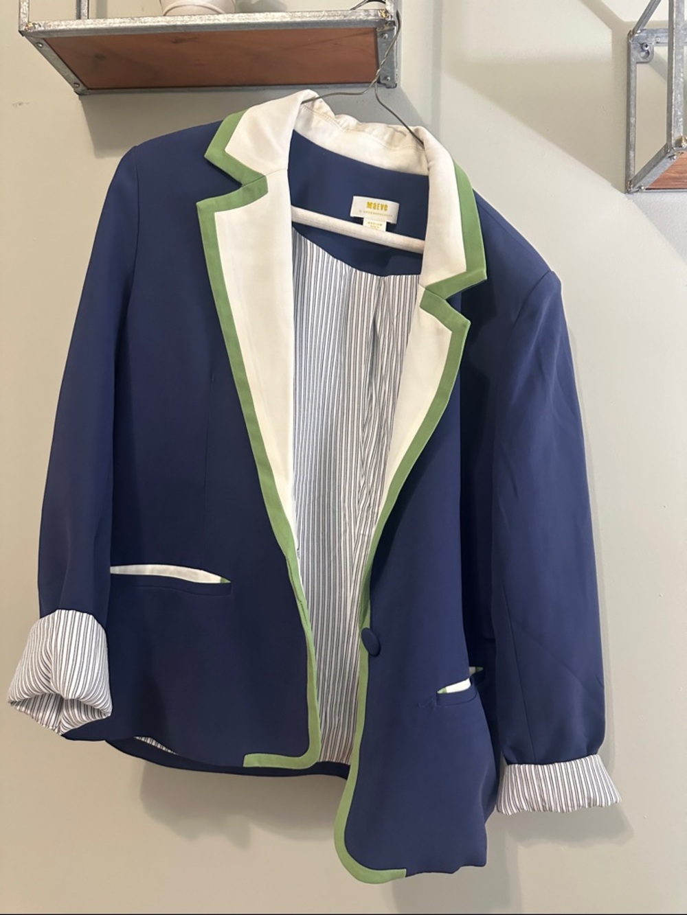 Anthropologie Navy Blazer with Green & White Trim